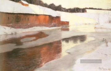  Frits Maler - eines Fabrikgebäude in der Nähe von einem eisigen Fluss Im Winter Norwegischen Frits Thaulow